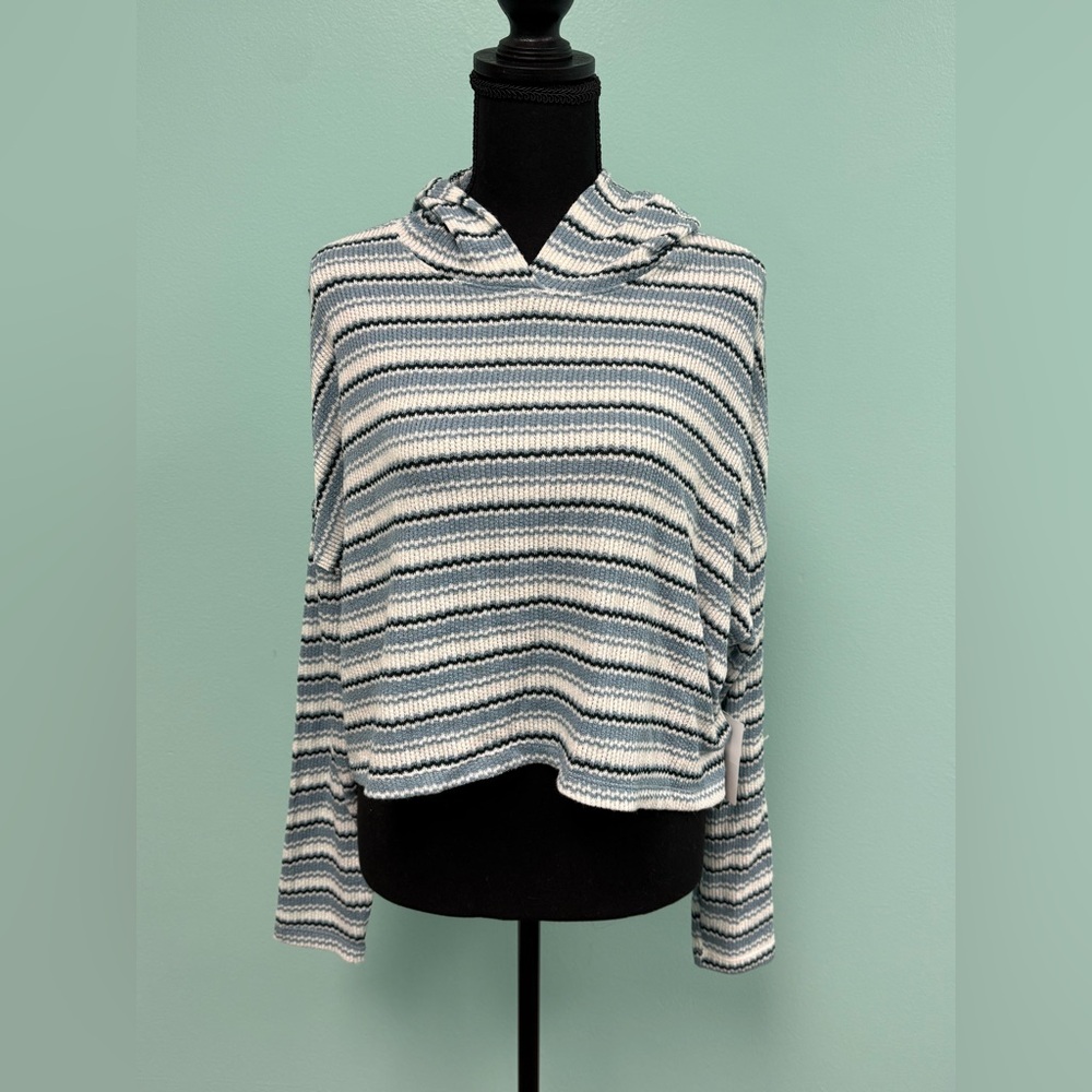 Abound Women's Long Sleeve Lightweight Oversized Crop Knit Hoodie teal Stripe S.